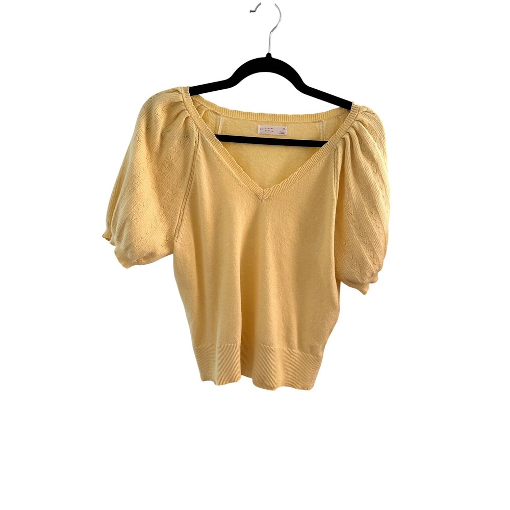 Lauren Conrad Yellow V-Neck Puff Sleeve Pointelle Knit Sweater Top Womens Medium